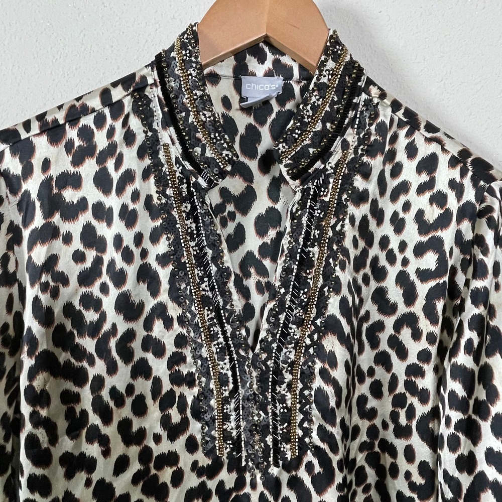 Chico's Leopard Print Beaded Collar Tunic Shirt Womens 2 Large Brown Sequin Glam - Picture 10 of 10